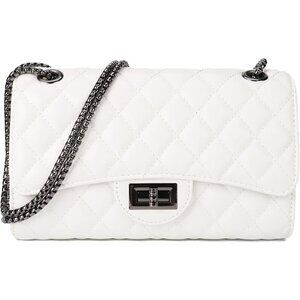 Women White-i PU Quilted Stylish Crossbody Bag with Chain Strap & Flap Closure